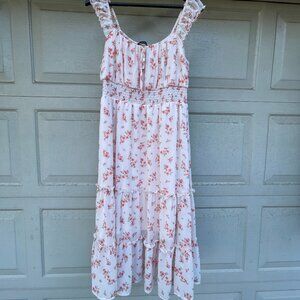 Peach Milkmaid Midi Dress – Cottagecore Floral, Smocked Waist, Square Neck